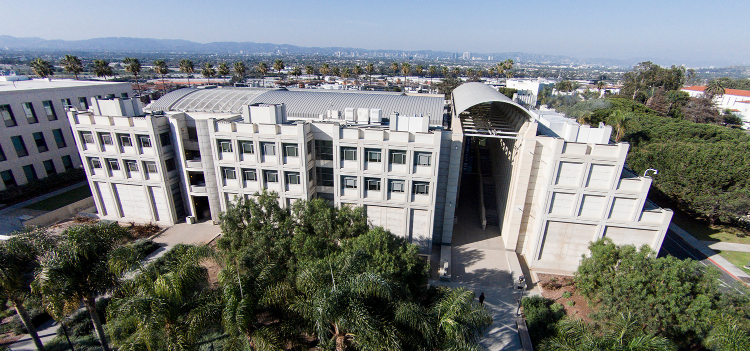 An aerial shot of the Hilton Center for Business - home of LMU College of Business Administration.